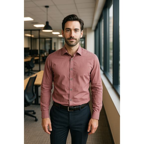 EXPRESS 1MX Men Red Chambray Dress Shirt M 15-15.5 Extra Slim Minimalist Career - Picture 2 of 7